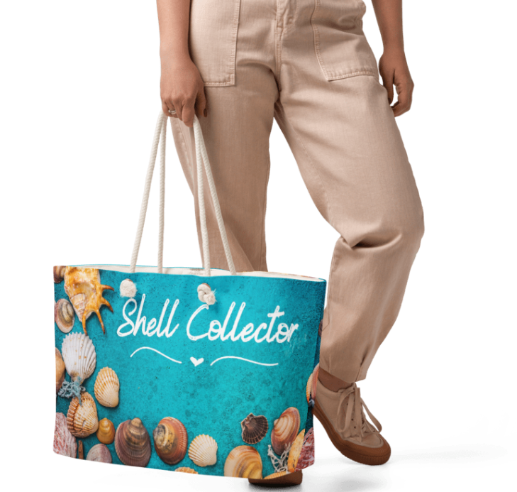 Are You a Shell Collector Weekender Bag — Bold Turquoise Beach Art Bag with Real Looking Seashell Design and Shell Collector Script for Women Who Never Leave the Beach Empty Handed