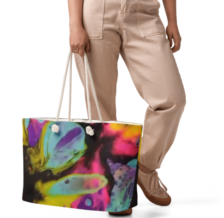 Liquid Fire Two Sided Weekender Tote Bag — Bold Abstract Art Weekender Bag Featuring Fluid Molten Colors in Teal Purple Yellow Hot Pink and Orange on Black for Women Who Refuse to Be Contained