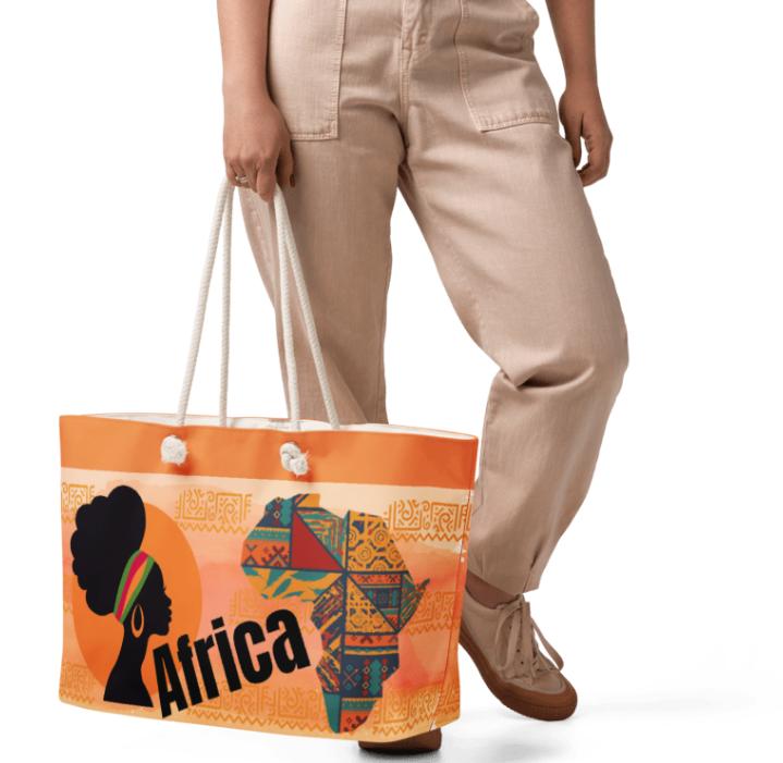 Africa Weekender Tote Bag — Bold Cultural Art Bag Featuring Black Silhouette Woman with Colorful Headwrap and Patchwork Map of Africa on Warm Orange Background for Women Who Wear Their Roots with Pride