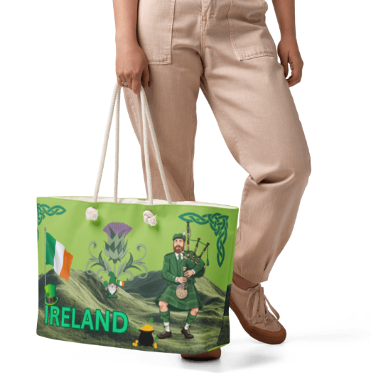 Celtic Spirit Weekender Tote Bag — Bold Irish and Scottish Heritage Art Tote Bag Featuring Bagpiper Celtic Knots Thistle Leprechaun and Irish Flag on Green for Women Who Carry Their Celtic Roots with Pride