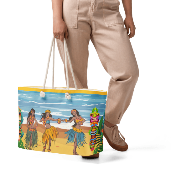 Spirit of Aloha Weekender Tote Bag — Bold Hawaiian Hula Dance Art Tote Bag Featuring Three Hula Dancers with Lei and Grass Skirts Beside Tiki Statues on a Sunny Beach Shore for Women Who Carry the Aloha Spirit Wherever They Go