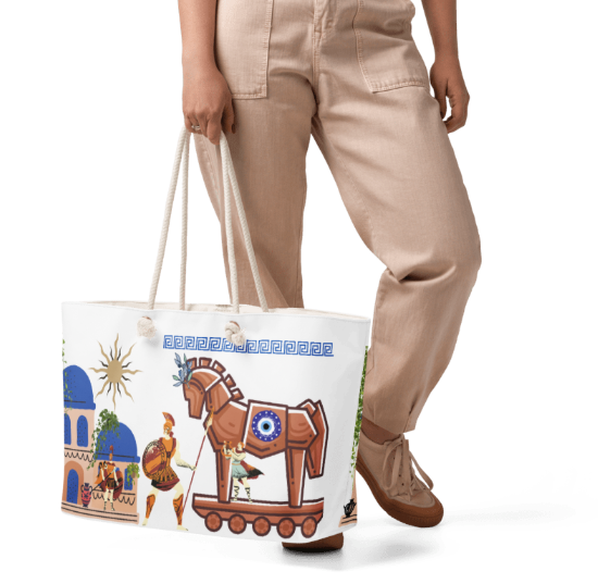 Hidden Dancers in Greece Weekender Tote Bag — Bold Greek Mythology Art Tote Bag Featuring the Trojan Horse Greek Architecture and Warriors on White with Classic Meander Border for Women Who Know the Power of What is Hidden in Plain Sight