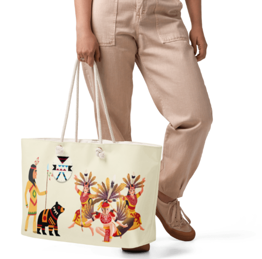 Spirit of the Ancient Dance Weekender Tote Bag — Bold Native American Cultural Art Tote Bag Featuring Ceremonial Dancers Warrior Spirit Bear and Medicine Shield on Cream for Women Who Honor the Wisdom and Beauty of Ancient Traditions