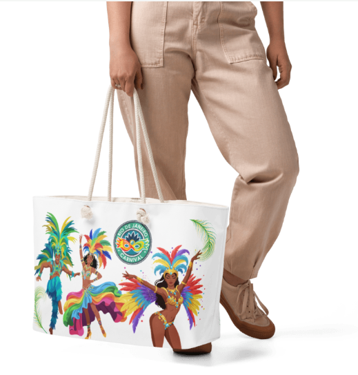 When Rio Dances Weekender Tote Bag — Bold Brazilian Carnival Art Tote Bag Featuring Samba Dancers in Rainbow Feathered Regalia and Rio de Janeiro Carnival Badge on White for Women Who Live for the Music the Movement and the Moment