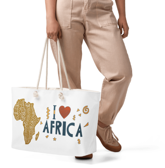 I Love Africa Weekender Tote Bag — Bold African Heritage Art Tote Bag Featuring Gold Tribal Patterned Map of Africa and I Love Africa in Teal and Terracotta on White for Women Who Carry Their African Roots with Pride and Love