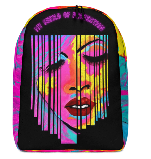 Shield of Protection Bold Abstract Face Art Backpack Pink Teal Yellow Empowerment Wearable Art Bag for Women