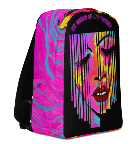 Shield of Protection Bold Abstract Face Art Backpack Pink Teal Yellow Empowerment Wearable Art Bag for Women