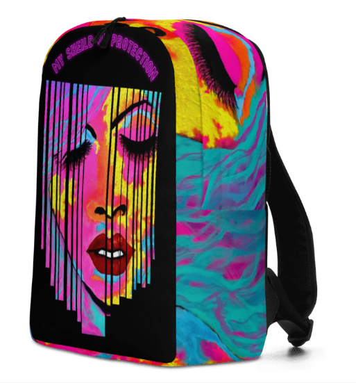 Shield of Protection Bold Abstract Face Art Backpack Pink Teal Yellow Empowerment Wearable Art Bag for Women