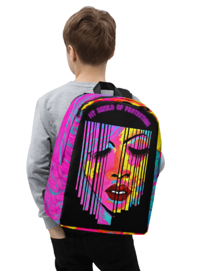 Shield of Protection Bold Abstract Face Art Backpack Pink Teal Yellow Empowerment Wearable Art Bag for Women