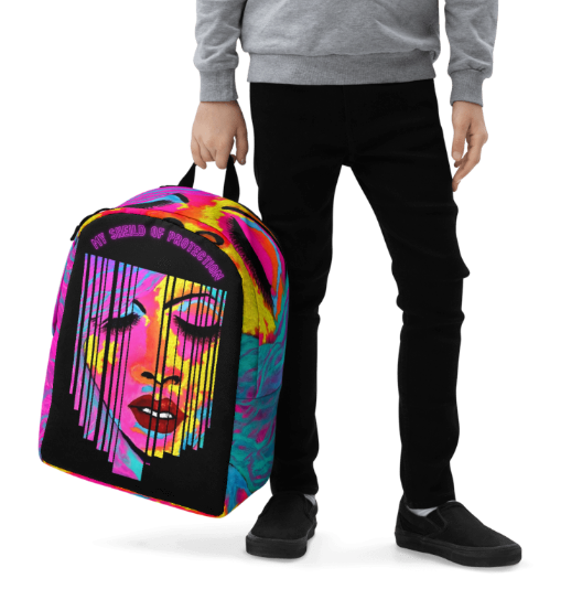 Shield of Protection Bold Abstract Face Art Backpack Pink Teal Yellow Empowerment Wearable Art Bag for Women