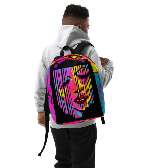 Shield of Protection Bold Abstract Face Art Backpack Pink Teal Yellow Empowerment Wearable Art Bag for Women