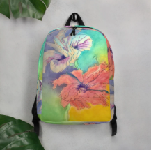 Hibiscus Dreams Minimalist Backpack — Bold Tropical Hibiscus Watercolor Art Backpack for Women, Soft Rainbow Hibiscus Painting Backpack, Wearable Art Bag
